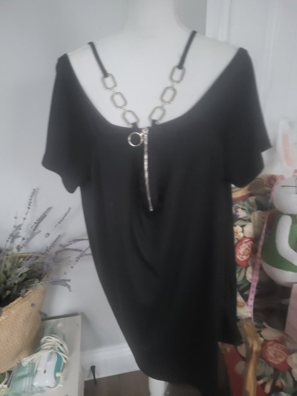 Black off the shoulder, zipper, chain detail and spaghetti strap dress